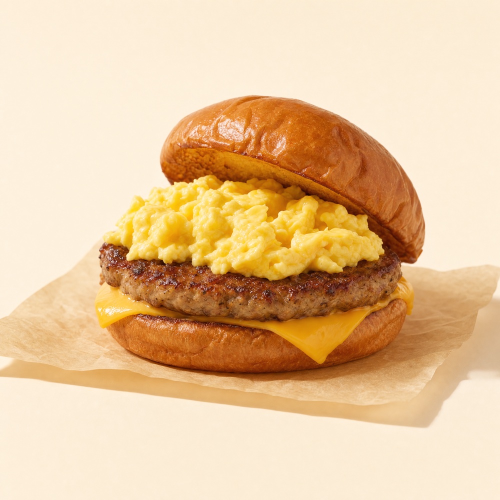 Sausage Egg & Cheese — sausage patty and scrambled egg sandwich, Egg & Bunz Curaçao